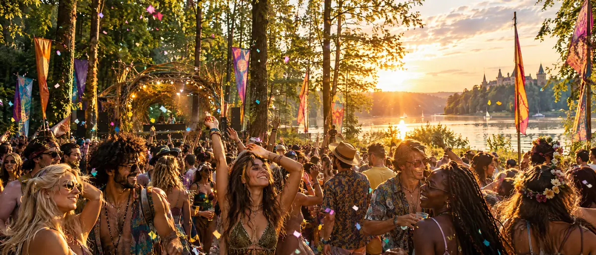 Ilustracja: festiwal w lesie nad jeziorem o zachodzie słońca, tłum pod kolorowymi flagami